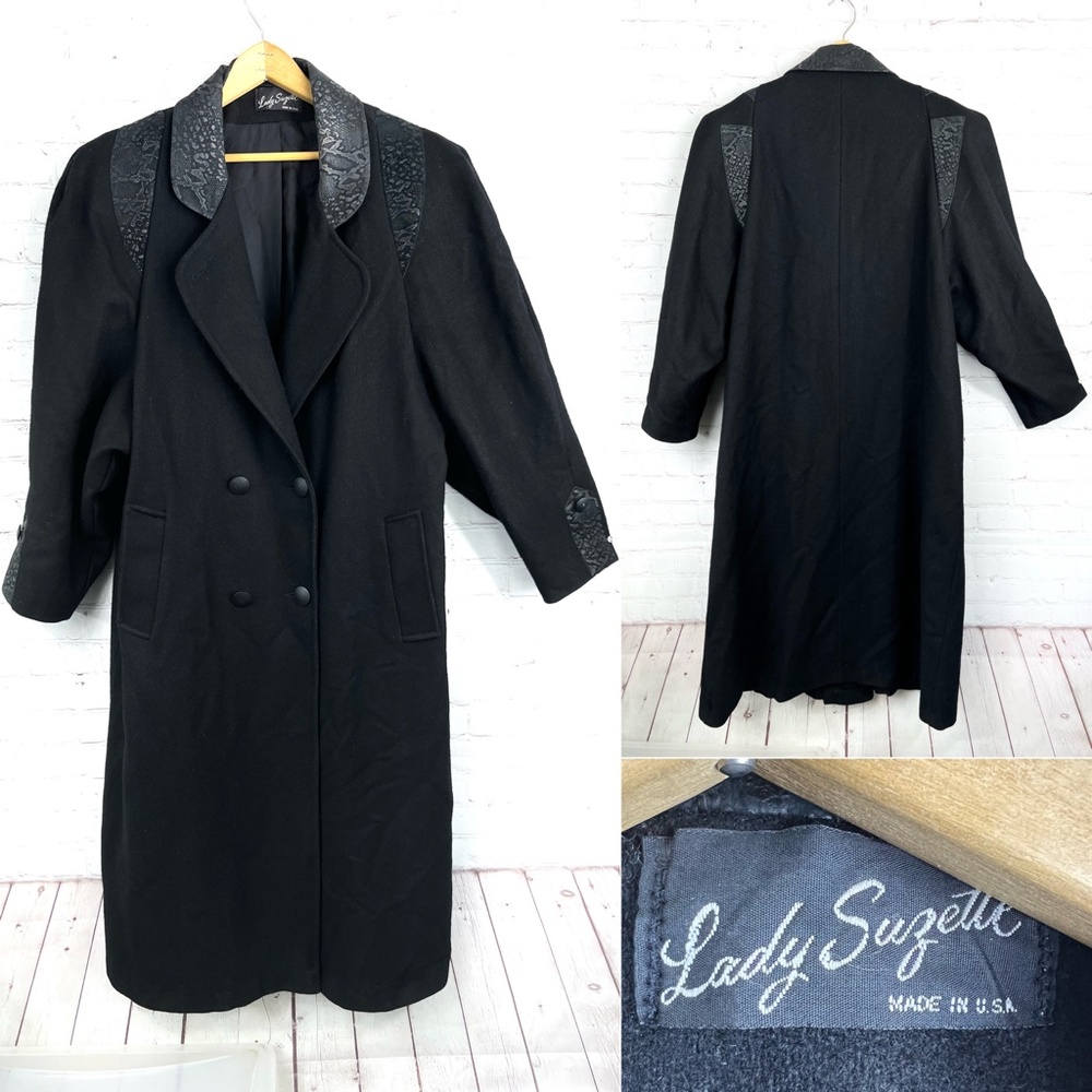 ••VINTAGE |•LADY SUZETTE•| GORGEOUS Long Wool Jacket Snakeskin Leather Embellish - Picture 11 of 16